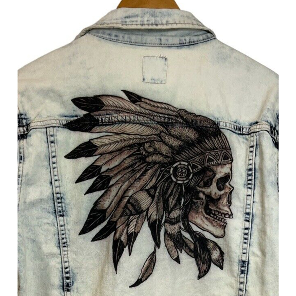 G by Guess Men's Indian Skull Headdress‎ Denim Jacket Medium - Picture 2 of 5